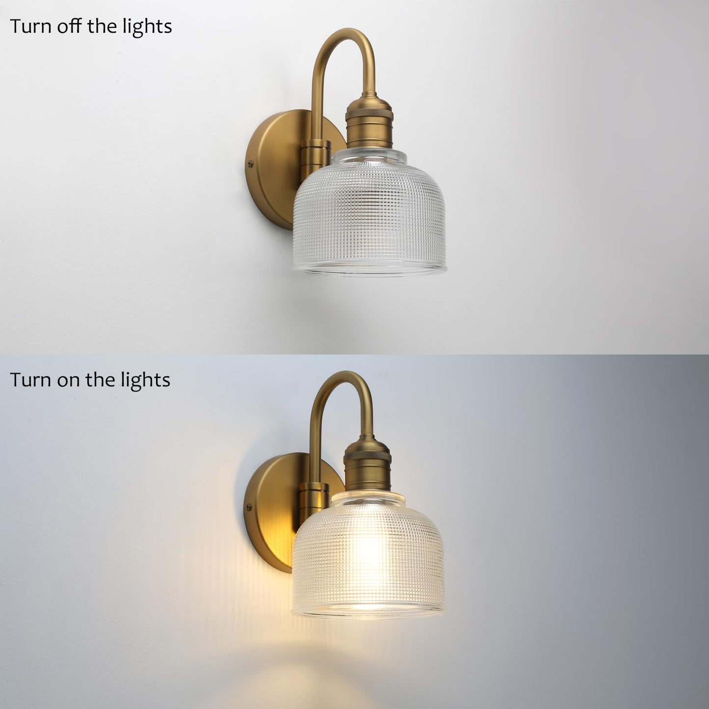 Yosoan Brass Gold Vintage Wall Sconce with Striped Shade, 1-Light Modern Vanity Light Industrial Single Wall Mounted Hardwired Bowl Texture Glass Shade for Living Room Bedroom Kitchen Hallway(Antique)