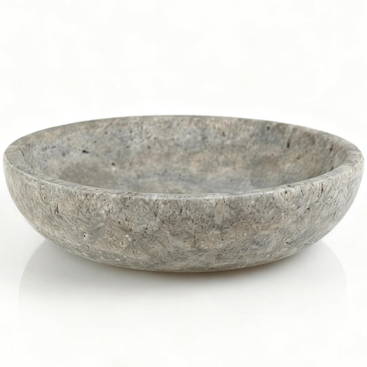 Silver Gray Travertine Bowl, 7.8" Modern Natural Stone Centerpiece for Industrial Home Decor, Handmade Fruit Bowl, Futuristic Tabletop Sculpture,Kitchen Counter, Entryway & Office Desk Organizer