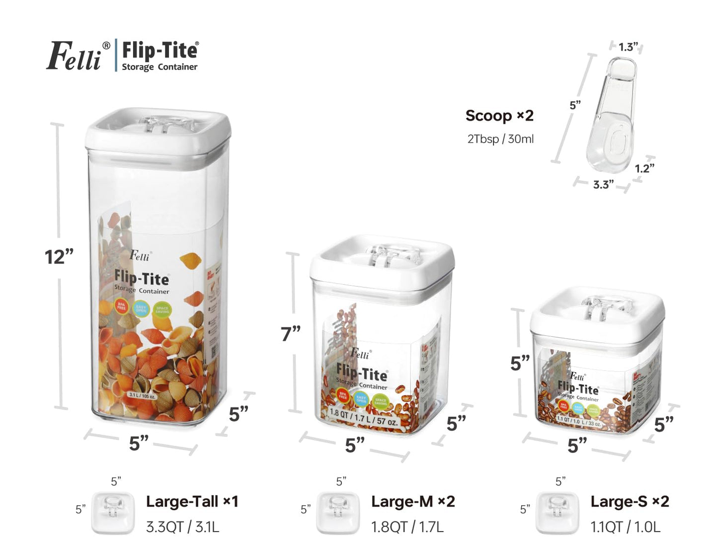Felli Flip Tite Food Storage Container 5" LARGE 5pk Set + No Residue Label, Airtight Lid Easy Lock Top Stackable, Plastic Canister Jar for Pantry Kitchen Fridge Organizer Pasta Protein Powder Spice