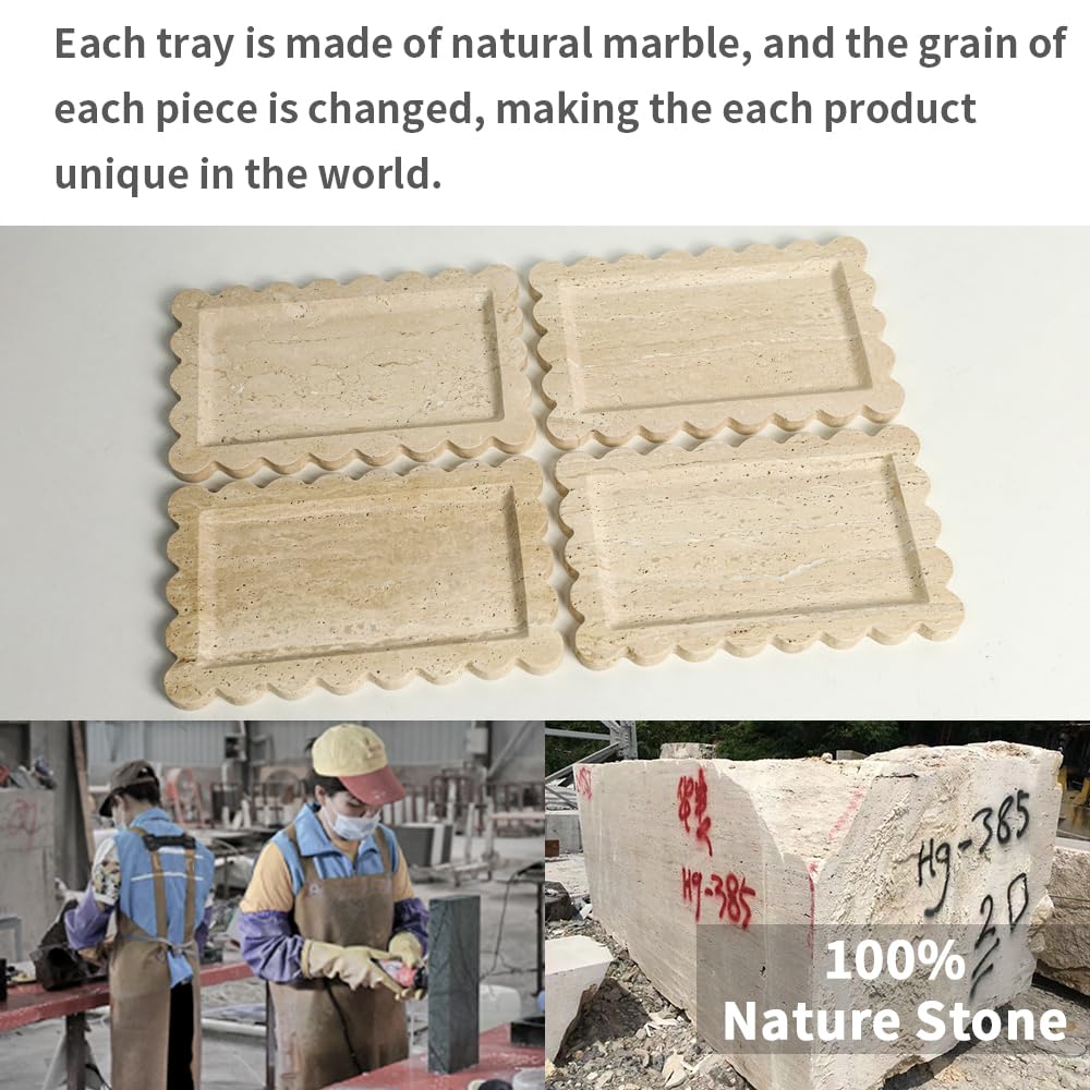 Natural 100% Marble Vanity Tray Luxury Scalloped Marble Storage Rectangle Italian Travertine Tray for Home Decor Stone Tray for Bathroom/Kitchen/Candle Key (Rectangle-11.8 * 7.4-Beige Travertine)