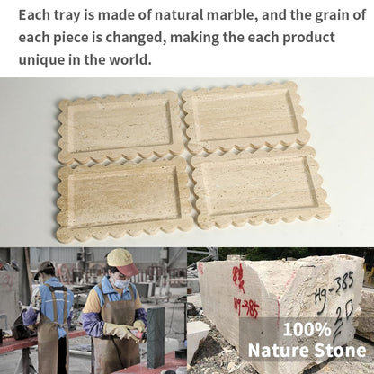 Natural 100% Marble Vanity Tray Luxury Scalloped Marble Storage Rectangle Italian Travertine Tray for Home Decor Stone Tray for Bathroom/Kitchen/Candle Key (Rectangle-11.8 * 7.4-Beige Travertine)