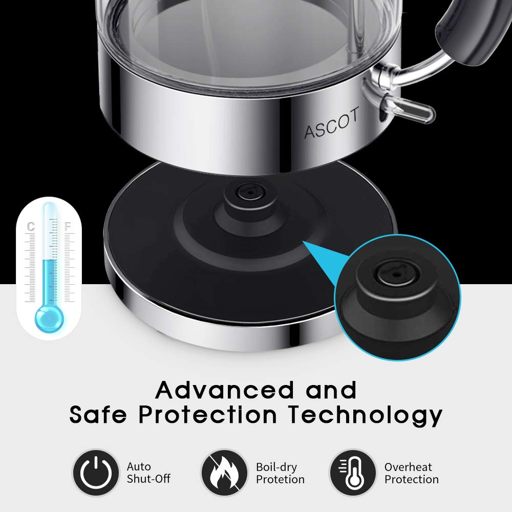 ASCOT Electric Kettle, Glass Electric Tea Kettle Gifts for Men/Women/Family 1.6L 1500W Borosilicate Glass Tea Heater, with Auto Shut-Off and Boil-Dry Protection (Silver)
