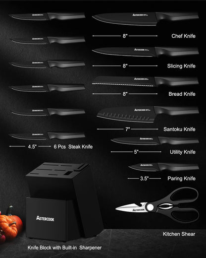 Astercook Knife Set, Kitchen Knife Set with Built-in Sharpener Block, Dishwasher Safe, 15 Pieces German Stainless Steel Knife Block Set, Black Mothers Day Gifts for Kitchen
