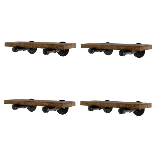 Home TZH Wall Mounted Floating Shelves, Floating Shelves with Industrial Pipe Brackets Set of 4 Rustic Wood Storage Shelf for Bedroom Living Room Bathroom Kitchen Office and More (4, Brown)