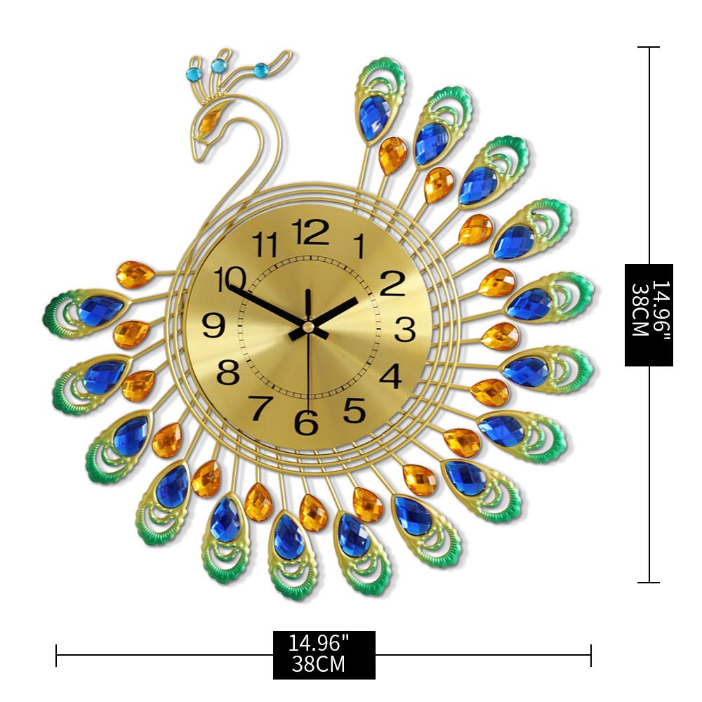 FLEBLE Large Wall Clocks for Living Room Decor Gold Decoration Wall Clock Silent Battery Operated Non Ticking for Bedroom Kitchen 14 Inch Retro Peacock Crystal Wall Watch Quartz for Home Office Indoor