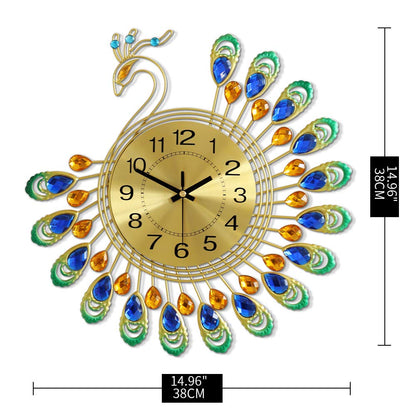 FLEBLE Large Wall Clocks for Living Room Decor Gold Decoration Wall Clock Silent Battery Operated Non Ticking for Bedroom Kitchen 14 Inch Retro Peacock Crystal Wall Watch Quartz for Home Office Indoor