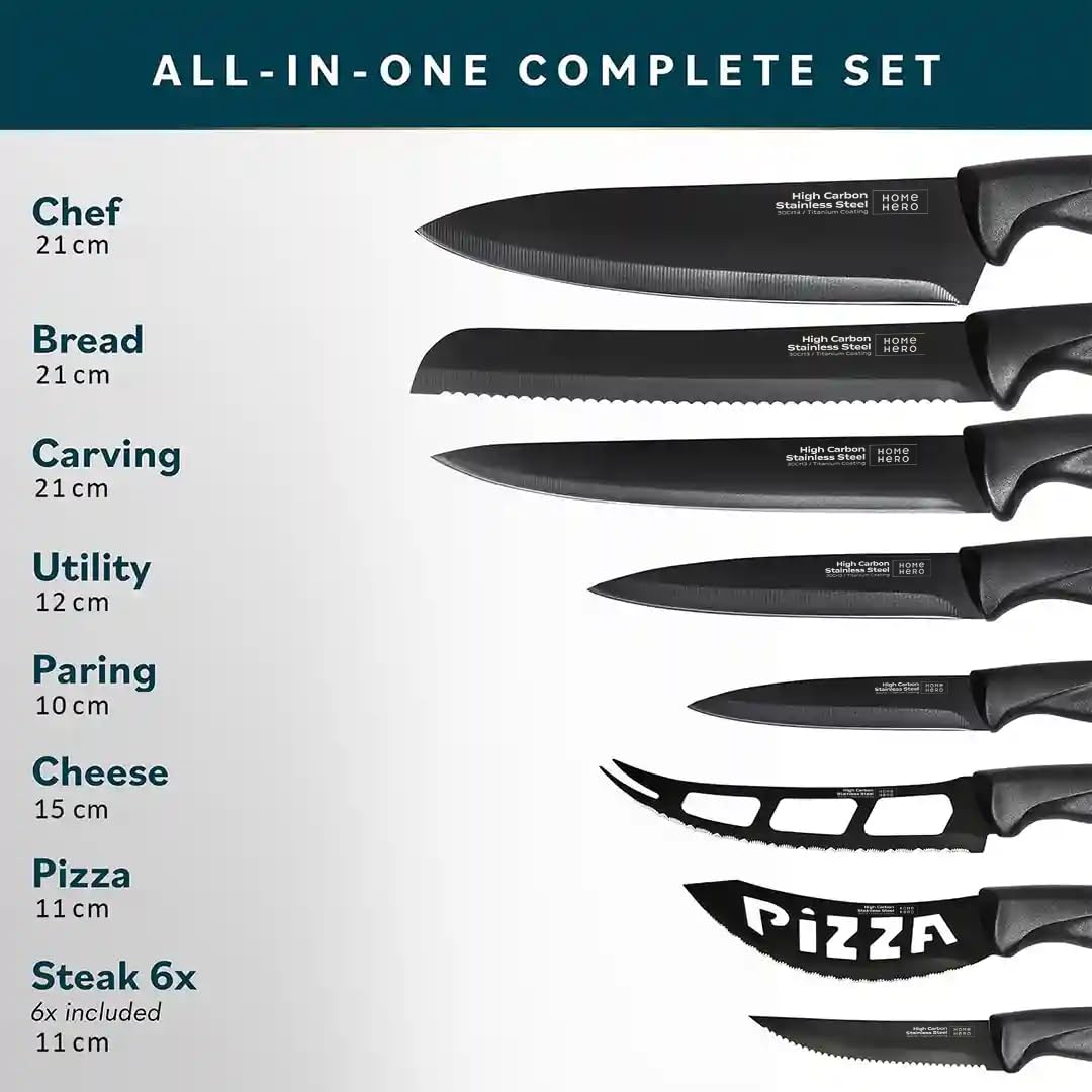 Home Hero Kitchen Knife Set - High Carbon Stainless Steel Blades & Built-In Sharpener - Ergonomic Handles & Cutlery Block Storage - Precision Cooking Prep with Chef Knife - 20 Pc, Black