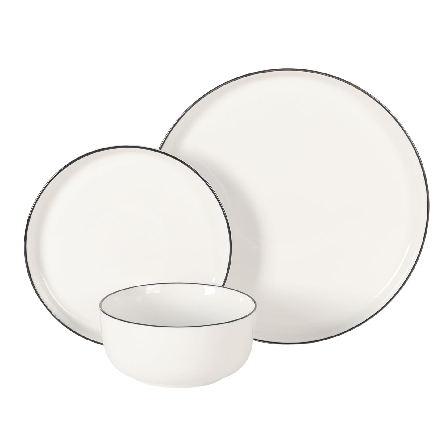 Gibson Home Oslo 12-Piece Porcelain Dinnerware Set – Dinner Plates, Salad Plates & Bowls, Classic White With Black Rim Everyday Dish Set for Home, Kitchen, Microwave & Dishwasher Safe
