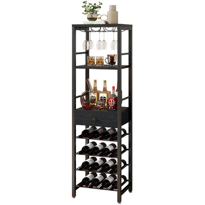 IBUYKE Wine Rack Freestanding Floor, Bar Cabinet for Liquor and Glasses,Coffee Bar Cabinet 4-Tier Wood bar Cabinet,Glass Holder and Storage Drawer for Home Bar Kitchen Living Room,Black UTMJ905B