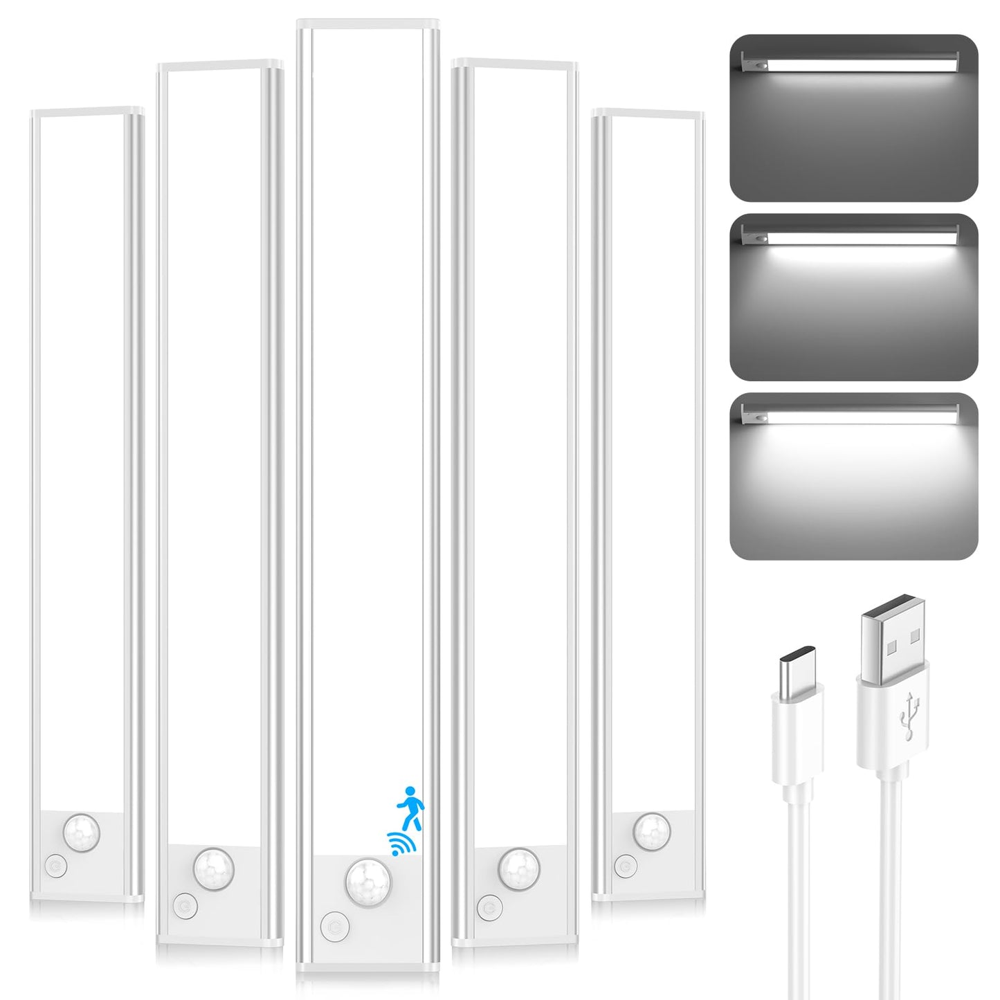 Under Cabinet Lighting, 2200mAh 10 Inch Battery Operated Rechargeable Motion Sensor Night Lights Indoor, LED Magnetic Wireless Closet Light, 6500K Dimmable Counter Lights for Kitchen, Home, 5 Packs
