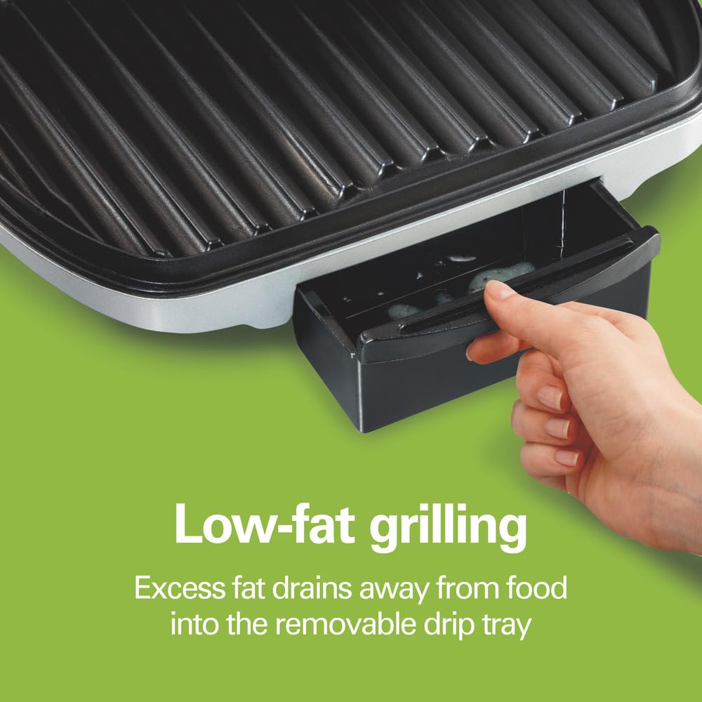 Hamilton Beach Electric Indoor Grill, 6-Serving, Large 90 sq. in. Nonstick Easy Clean Plates, Floating Hinge for Thicker Foods, 1200 Watts, 6.38"D x 12.68"W x 13.78"H , Silver (25371)