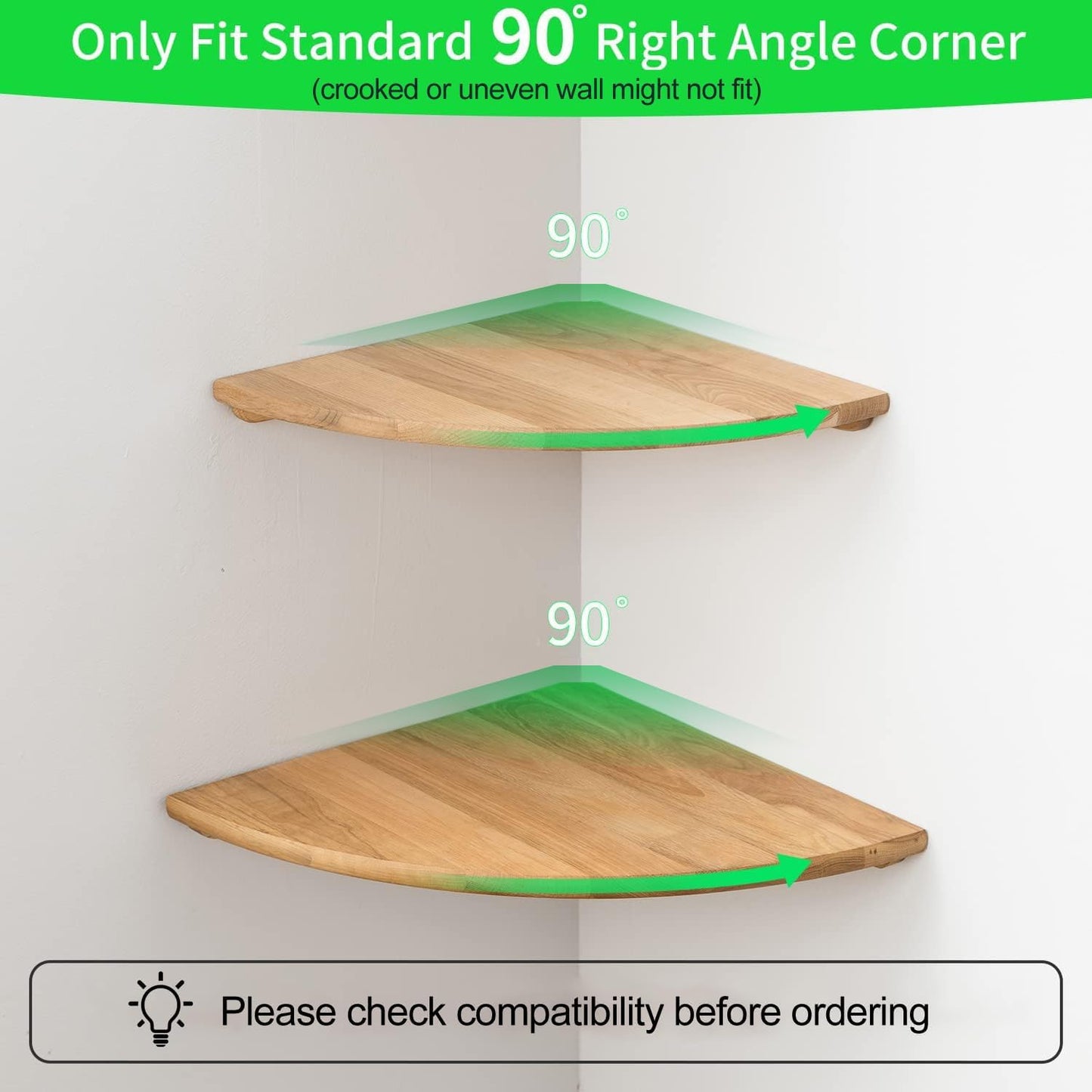 Conamily Corner Shelves, Floating Corner Shelf, Set of 2 12inch Solid Oak Wood Wall Shelves, Round End Wall Mount Display Shelf with Wire Hole for Bedroom Kitchen, Living Room
