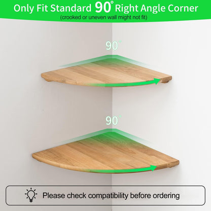 Conamily Corner Shelves, Floating Corner Shelf, Set of 2 12inch Solid Oak Wood Wall Shelves, Round End Wall Mount Display Shelf with Wire Hole for Bedroom Kitchen, Living Room