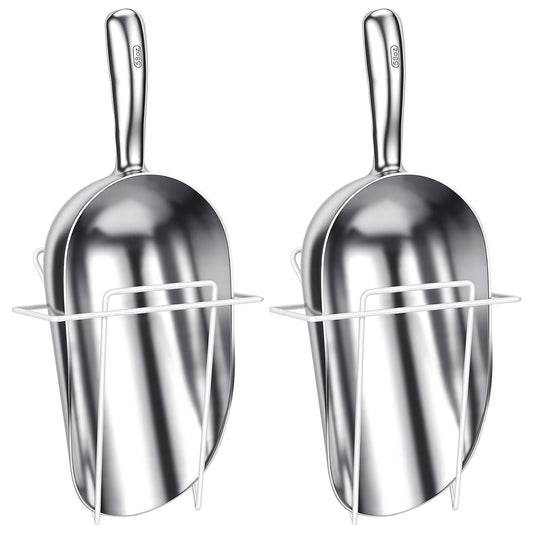 Teecyhooo 2 Set 58 oz Aluminum Ice Scoop with Holder Large Metal Utility Scoop Professional Grade Scooper for Ice, Flour, Candy, Sugar, Rice, Popcorn, Coffee, and Beans for Home or Commercial Kitchens
