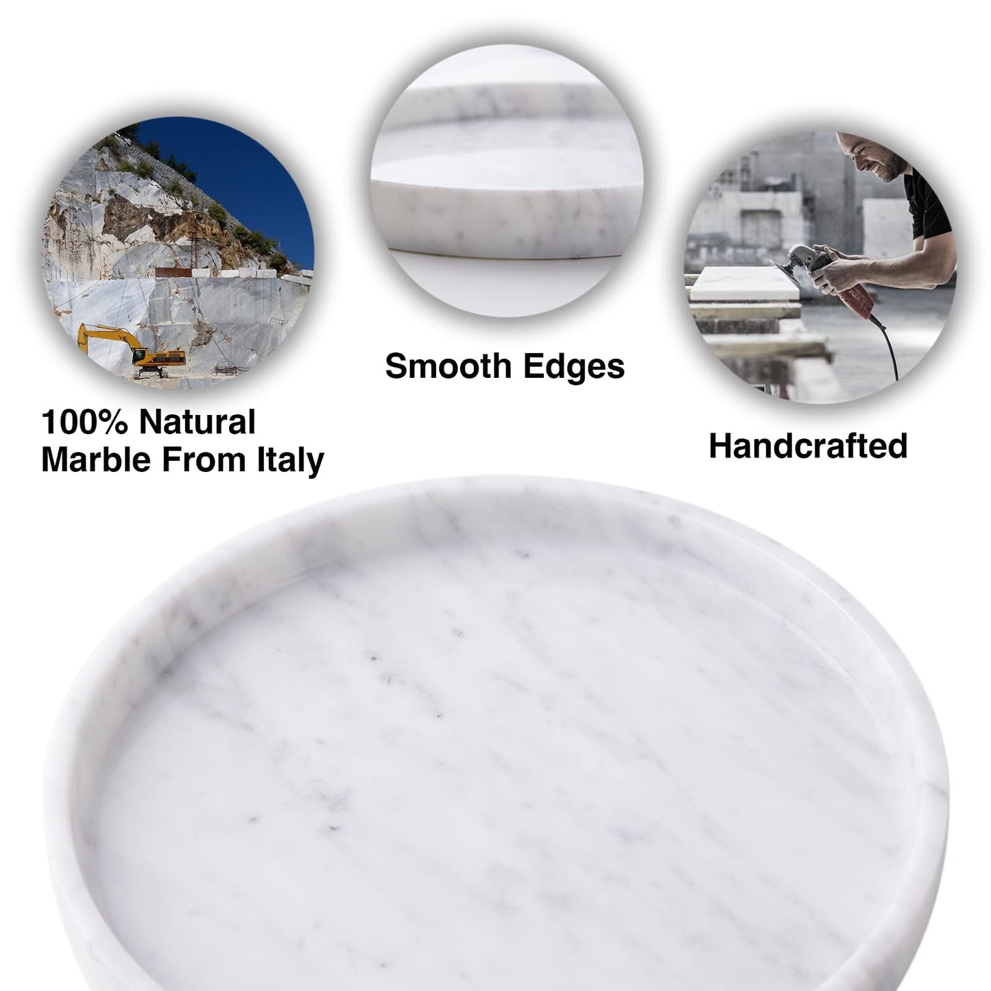 PHINILUX 𝐋𝐮𝐱𝐮𝐫𝐲 𝐈𝐭𝐚𝐥𝐢𝐚𝐧 100% Marble Round Vanity Tray 10‘’, Minimalist Modern Decor & Serving Trays for Bathroom, Kitchen, Nightstand, Jewelry Ring Dish Holder, Table Accents Decor, White
