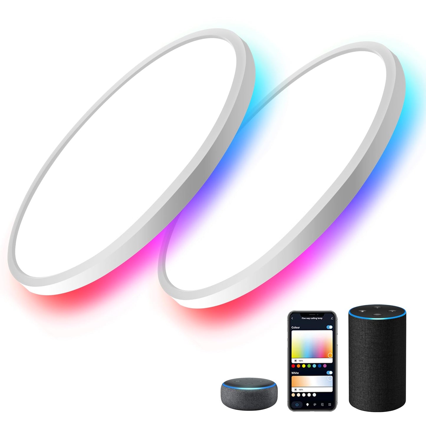 MELEGAN 2Pcs RGB Smart Ceiling Light, Super Slim LED Flush Mount Ceiling, WiFi Compatible with Alexa Google Home,12Inch 24W Dimmable 2700K-6500K for Bedroom, Kitchen, Dining Room, Basements