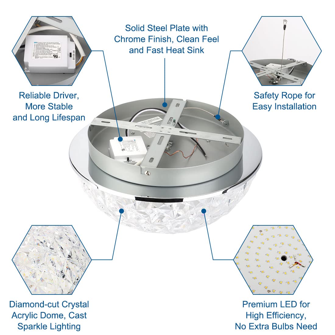DAKASON LED Ceiling Light Fixture Flush Mount, Crystal Chandelier Modern Ceiling Light for Kitchen, Hallway, Living Room, Foyer, Closet, 12In 15W 1640LM, 3/4/5000K CCT Selectable, Dimmable