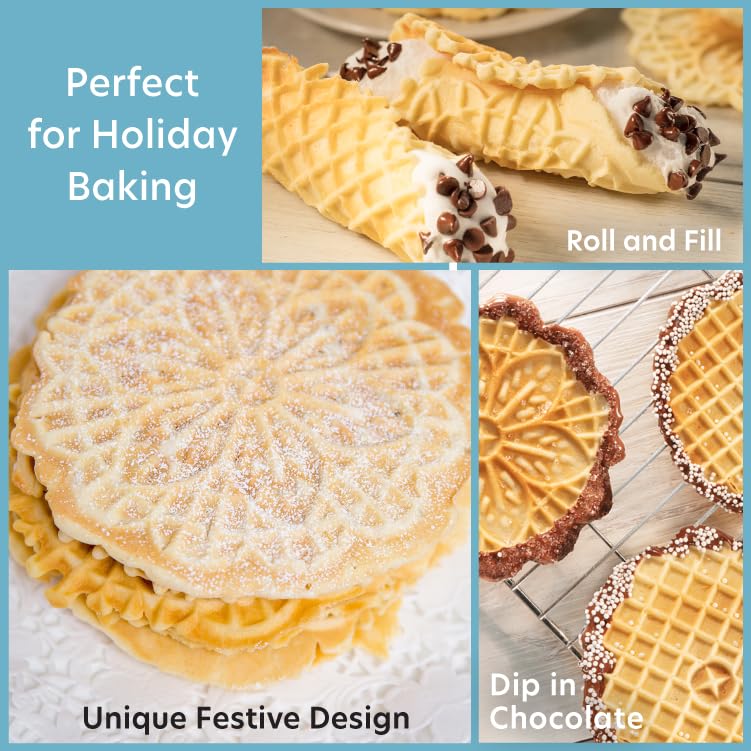 Pizzelle Maker- Non-Stick Electric Baker Press Makes Two 5-Inch Cookies at Once, Even Heating Plates- Must Have Party Baking Supplies- Italian Easter Dessert Treat Making w Recipe Guide- Gift for Her