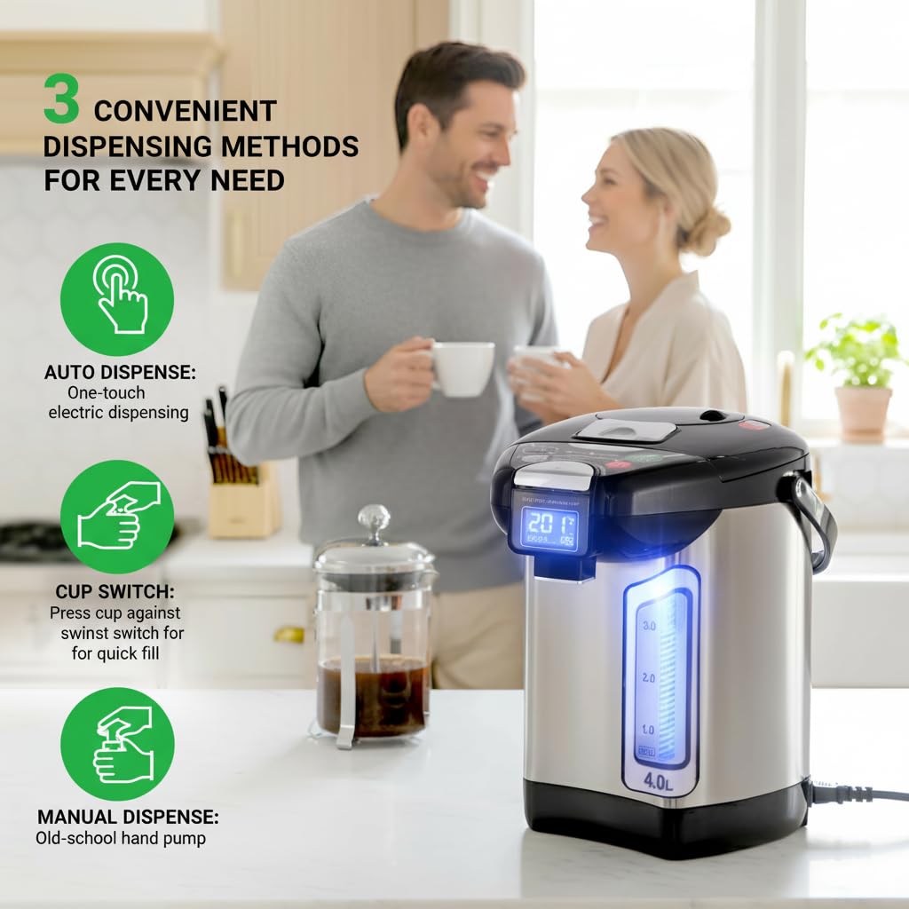 NutriChef Digital Water Boiler and Warmer - 4L/4.23 Qt Stainless Electric Hot Water Dispenser w/ LCD Display, Rotating Base, Keep Warm, Auto Shut Off, Safety Lock, Instant Heating for Coffee & Tea