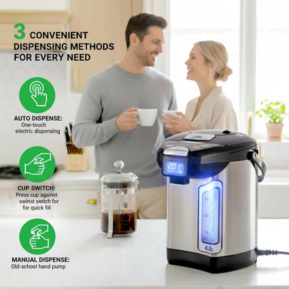 NutriChef Digital Water Boiler and Warmer - 4L/4.23 Qt Stainless Electric Hot Water Dispenser w/ LCD Display, Rotating Base, Keep Warm, Auto Shut Off, Safety Lock, Instant Heating for Coffee & Tea