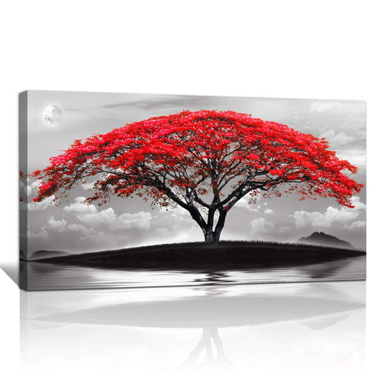 canvas wall art for living room bathroom Wall Decor Black and white landscape red tree moon scenery Hang painting Home Decorations for office bedroom kitchen Works canvas Prints pictures 20" x 40"inch