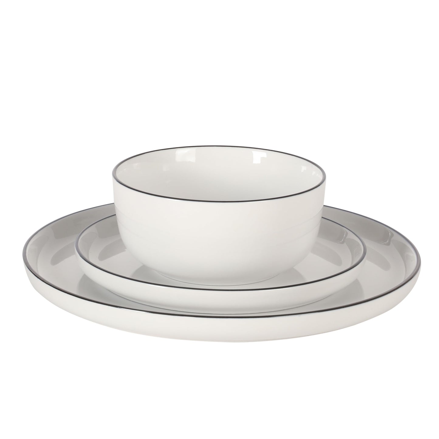 Gibson Home Oslo 12-Piece Porcelain Dinnerware Set – Dinner Plates, Salad Plates & Bowls, Classic White With Black Rim Everyday Dish Set for Home, Kitchen, Microwave & Dishwasher Safe