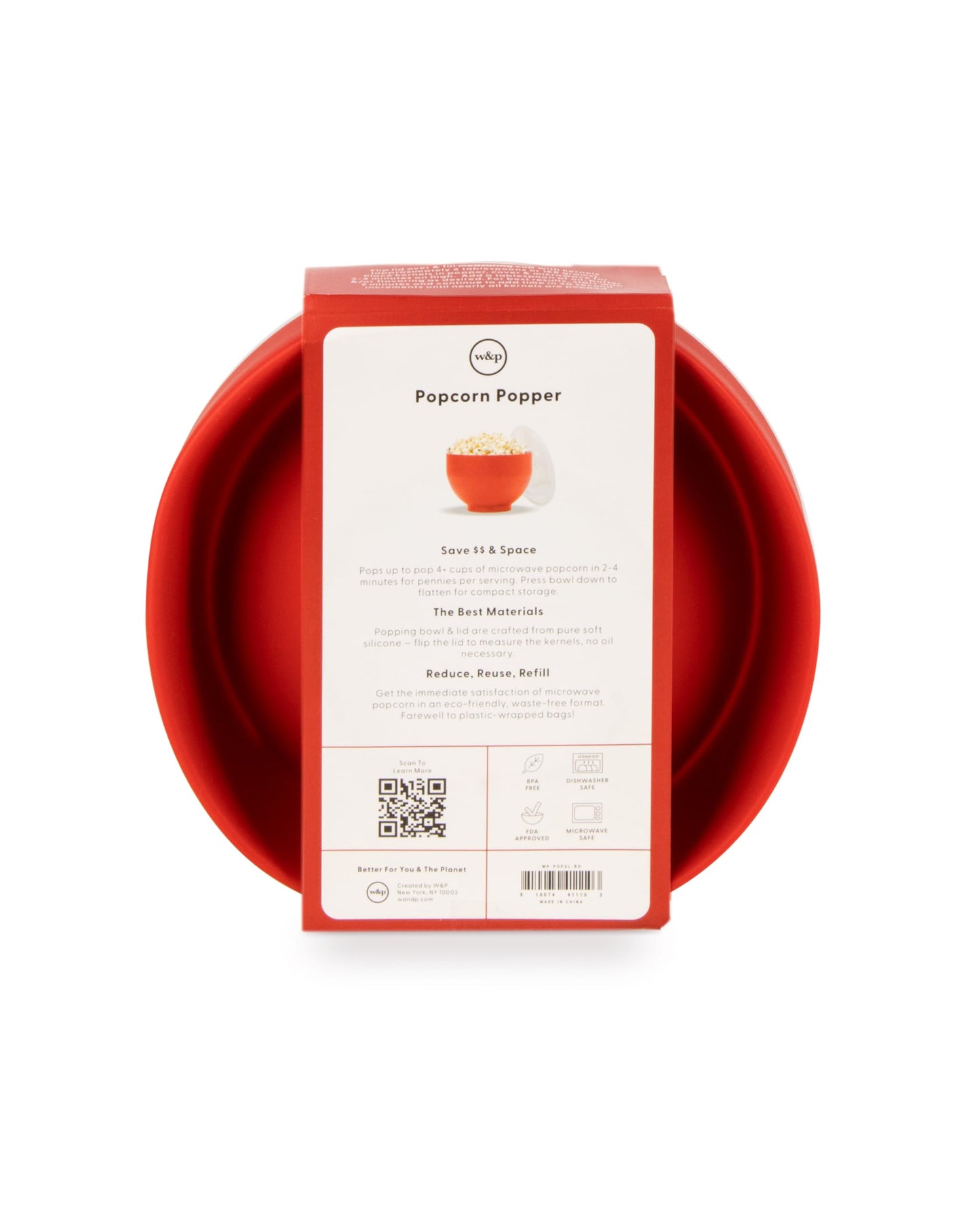 W&P Microwave Silicone Popper Maker | Red | Collapsible Bowl w/Built in Measuring, BPA, Eco-Friendly, Waste Free, 9.3 Cups of Popped Popcorn