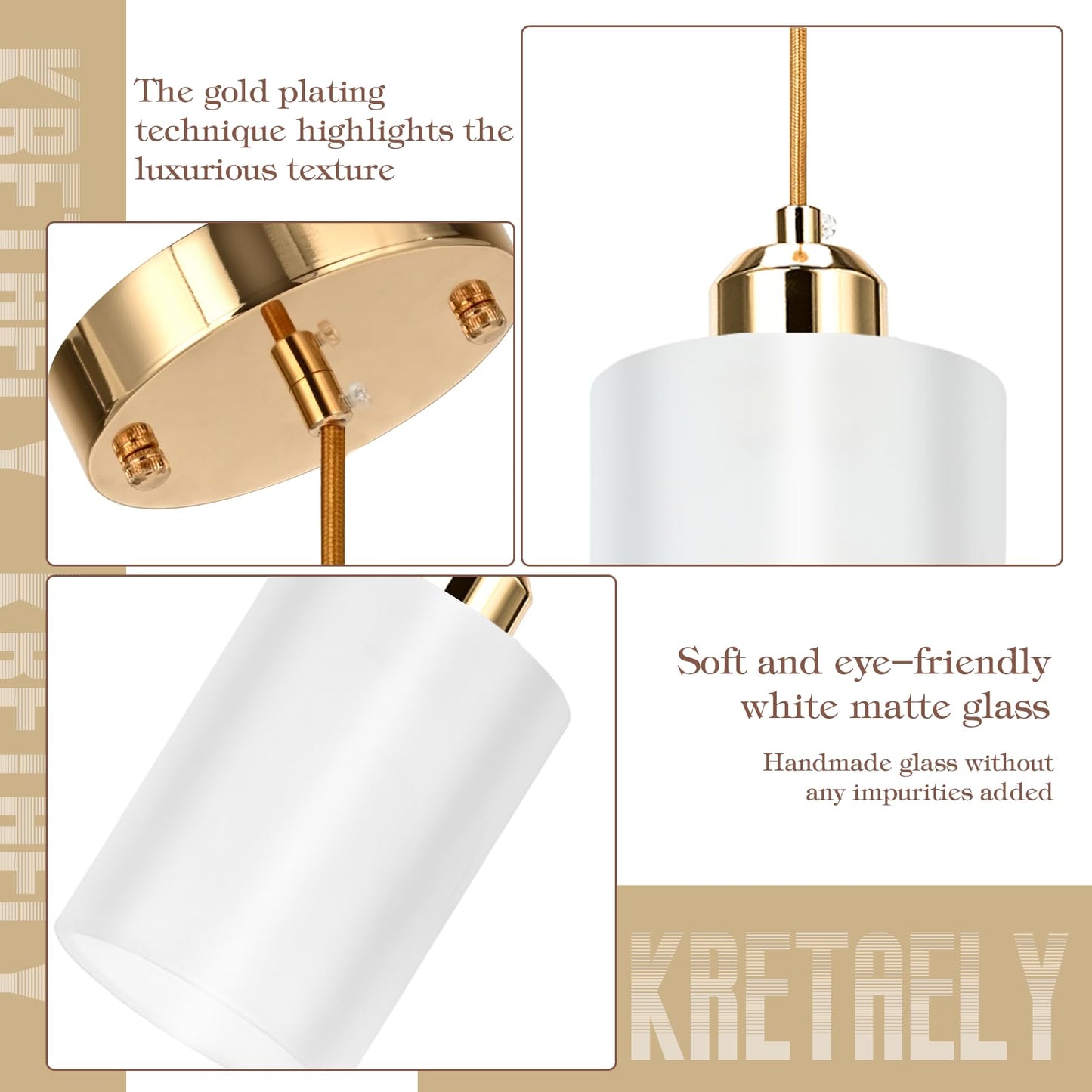 KRETAELY 3 Pack Pendant Lights Kitchen Island, Gold Pendant Light Over Island, Modern Glass Island Lights for Kitchen,Adjustable Length, Perfect for Dining Room and Home Decor