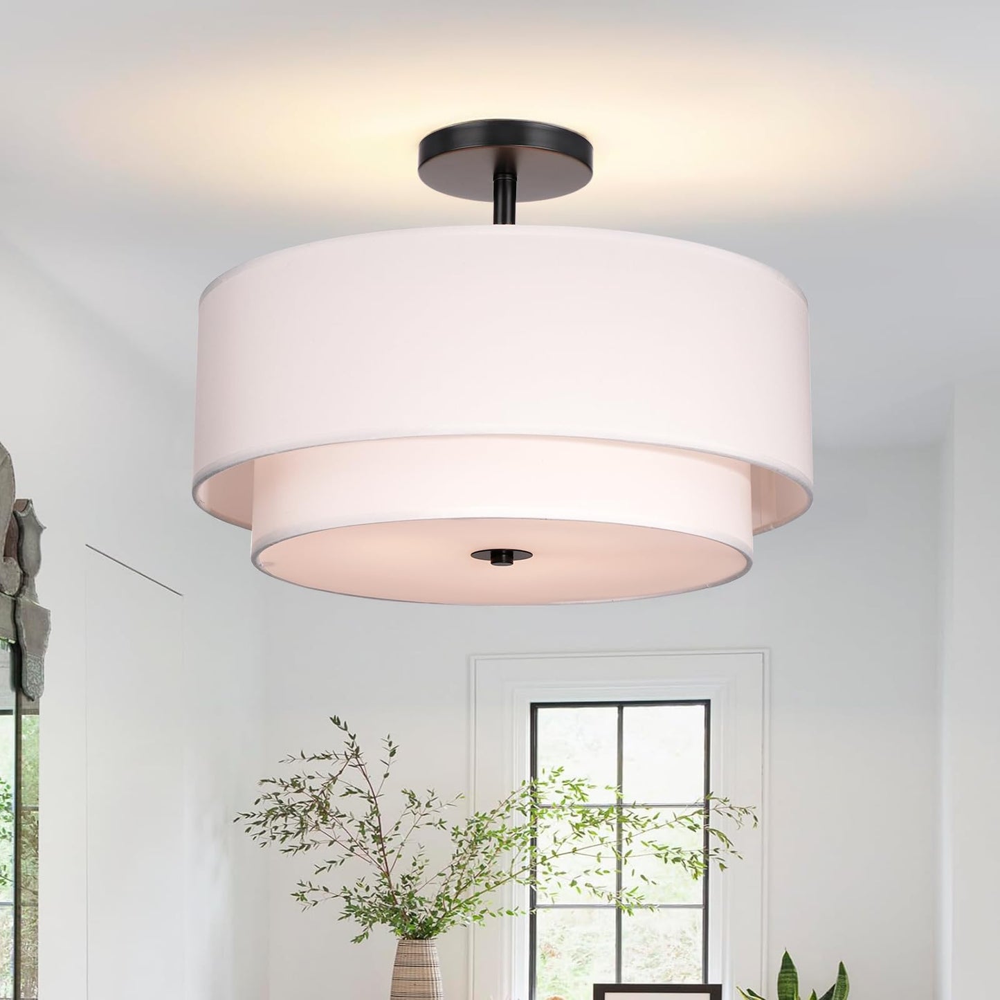 FRIDEKO HOME 3 Light Semi Flush Mount Ceiling Light Modern Close to Ceiling Light Fixture with 2-Layer Fabric Shade Light Fixtures Ceiling Mount for Bedroom Living Room Kitchen Foyer Hallway