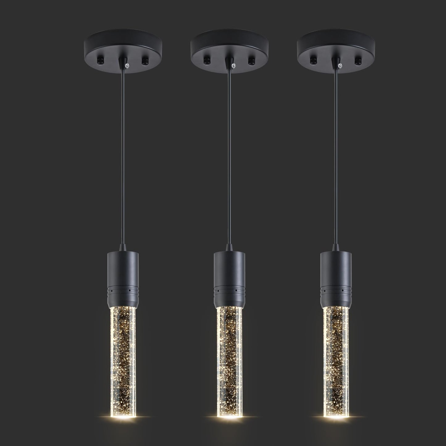 JULiN HOME Black Pendant Lights Kitchen Island, Crystal Bubble Pendant Lights, Adjustable Modern Pendant Light Fixtures for Dining Living Room Bedroom 3 Pack