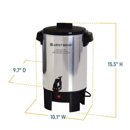 West Bend Coffee Urn Highly-Polished Aluminum Features Automatic Temperature Control with Cup Per Minute Brewing and Easy Clean Up Includes In-Basket Measuring Guide and Ready Light, 30-Cup, Silver