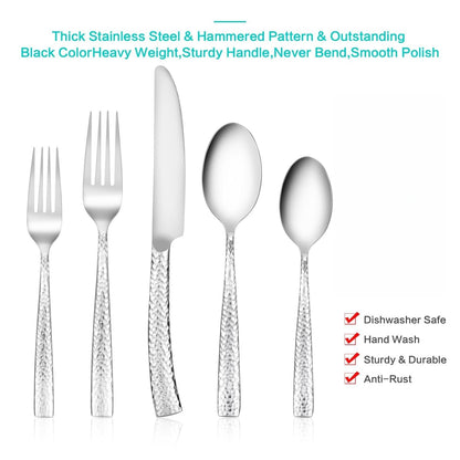 Flatasy Flatware Silverware Set Hammered Mirror Polished Stainless Steel 20 Piece Set for Home Kitchen Restaurant Hotel Housewarming Wedding Gift Service for 4