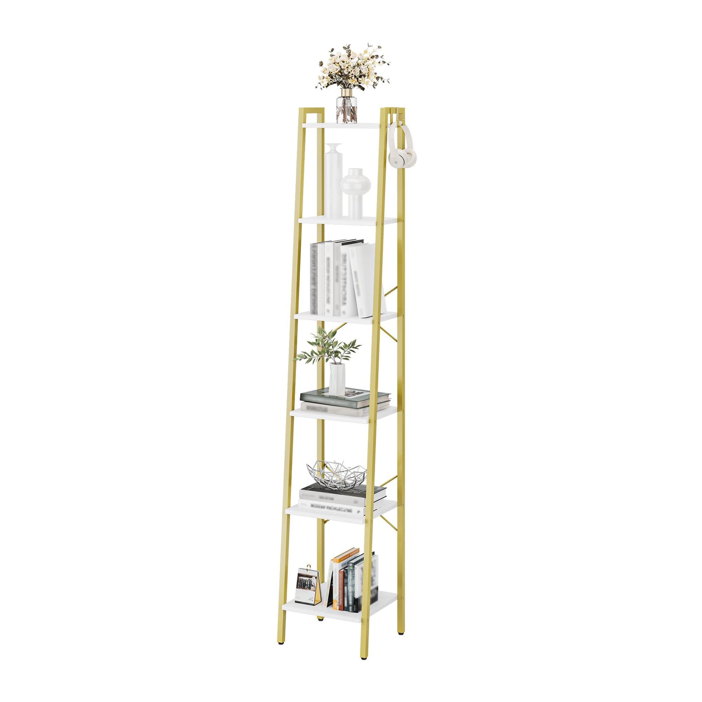 Hzuaneri Ladder Shelf, Bookshelf Bookcase, Freestanding Corner Storage Shelve with 2 Hooks for Home Office, Living Room, Kitchen, Bedroom, Industrial, 11.8" D x 13.4" W x 72.8" H,White Gold BC13313G
