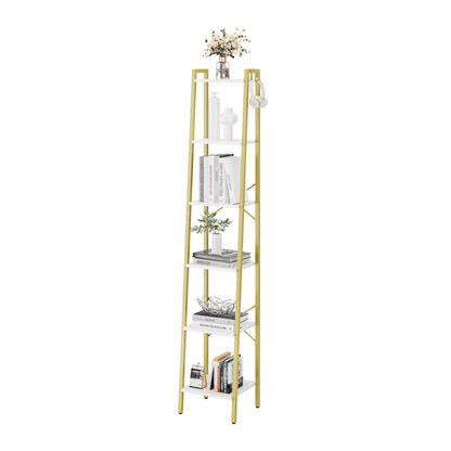 Hzuaneri Ladder Shelf, Bookshelf Bookcase, Freestanding Corner Storage Shelve with 2 Hooks for Home Office, Living Room, Kitchen, Bedroom, Industrial, 11.8" D x 13.4" W x 72.8" H,White Gold BC13313G