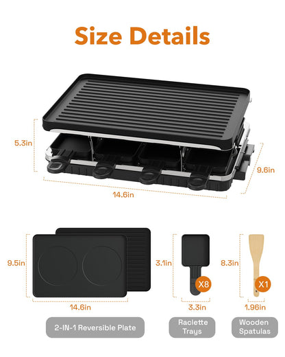 HBN Electric Raclette Table Grill with 8 Warming Trays, 2-in-1 Korean BBQ Grill & Electric Griddle Nonstick, Adjustable Temperature Control,1300W, Great for Indoor Family Gatherings, Parties & Dining
