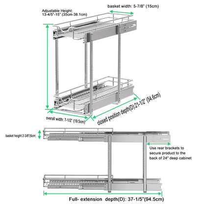 DINDON Pull Out Cabinet Organizer (7-1/2" W x 21-1/2"D), Cabinet Pull Out Shelves, 2 Tier Pull Out Drawers for Kitchen Cabinets, Wire Basket Slide Out Shelf for Cabinet Organization