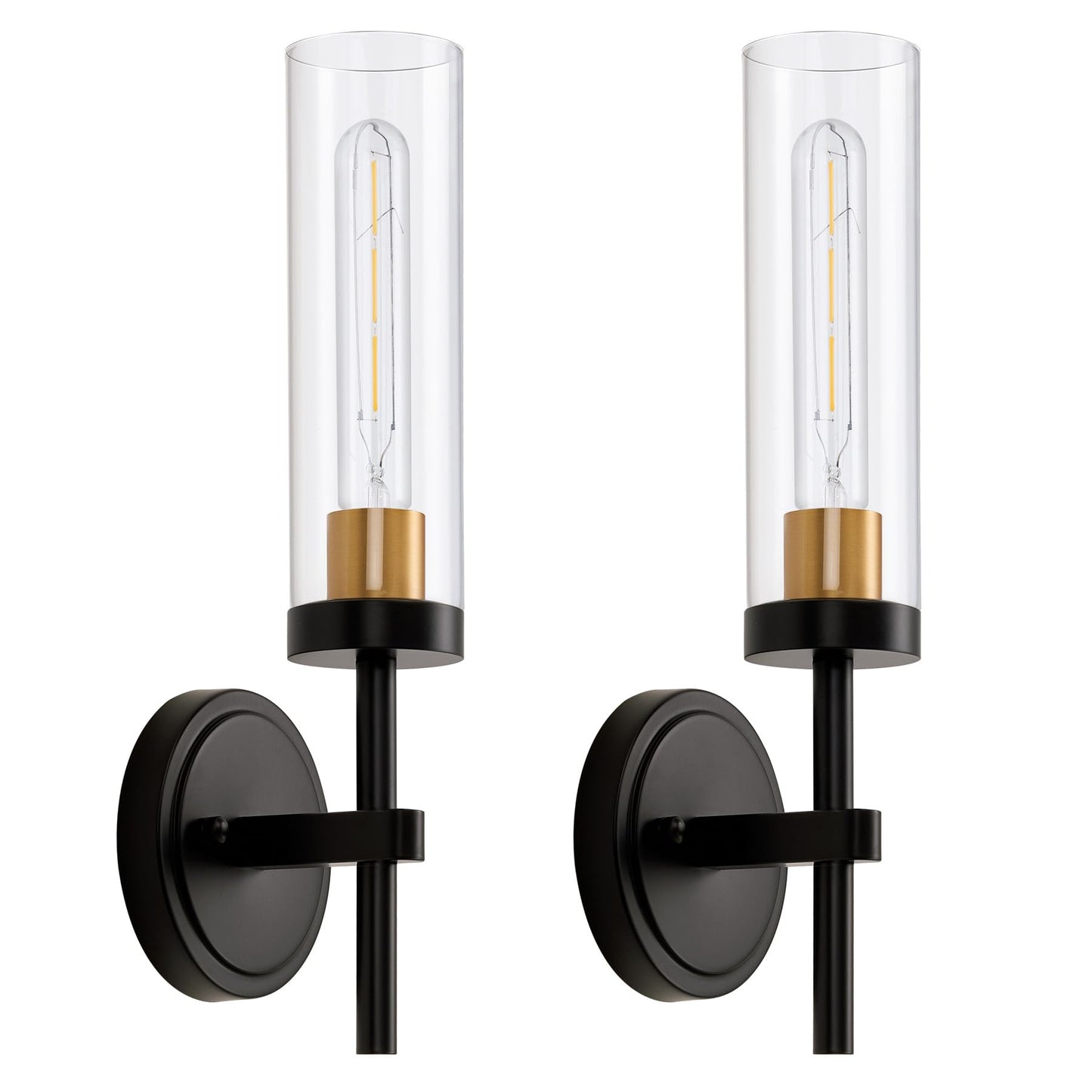 Hardwired Wall Sconces Set of Two, Black and Gold Bathroom Vanity Sconces Wall Lighting with Clear Glass Shade, Modern Farmhouse Wall Mount Lights for Mirror Bedroom Living Room Hallway Kitchen