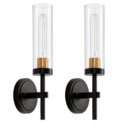 Hardwired Wall Sconces Set of Two, Black and Gold Bathroom Vanity Sconces Wall Lighting with Clear Glass Shade, Modern Farmhouse Wall Mount Lights for Mirror Bedroom Living Room Hallway Kitchen