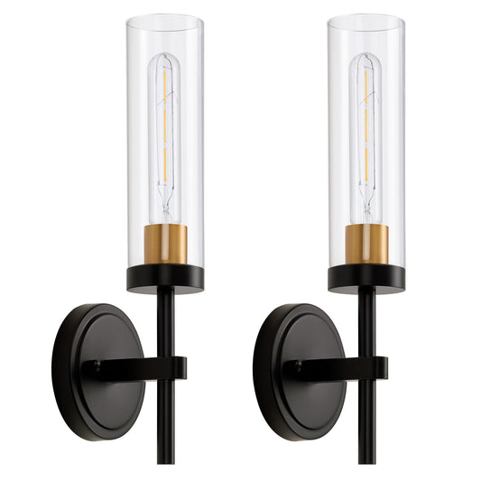 Hardwired Wall Sconces Set of Two, Black and Gold Bathroom Vanity Sconces Wall Lighting with Clear Glass Shade, Modern Farmhouse Wall Mount Lights for Mirror Bedroom Living Room Hallway Kitchen