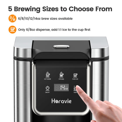 Horavie Single Serve Coffee Maker for K-Cup Pod and Grounds, Hot and Iced Coffee Maker, 6 to 14oz Brew Sizes, 50oz Removable Reservoir, Strong Button Feature, Fit 6.5" Mugs, Stainless Steel, Black