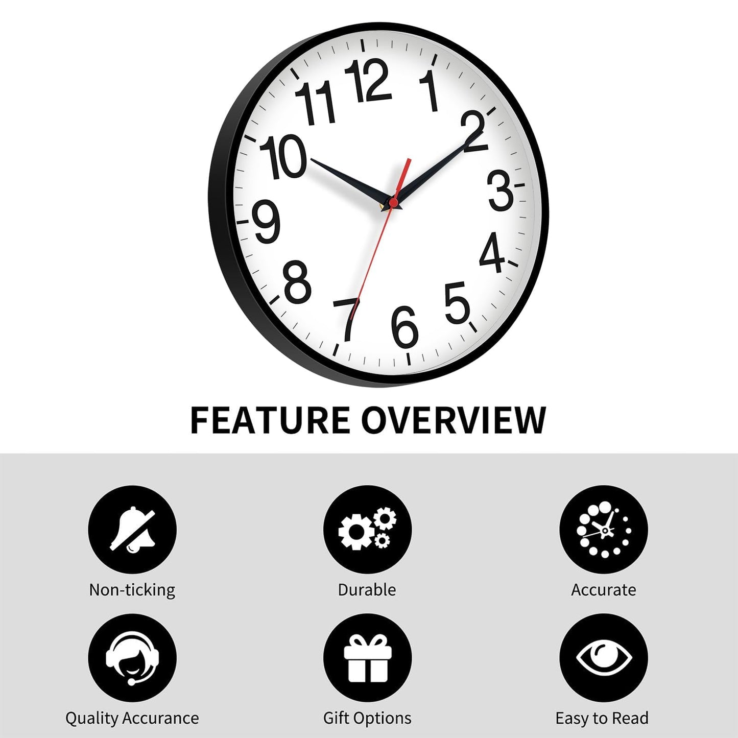Rohioue 18 Inch Wall Clock, Modern Battery Operated Wall Clocks, Silent Non Ticking Large Analog Clock for Living Room, Office, Home, Bedroom, Kitchen, Bathroom(Black)