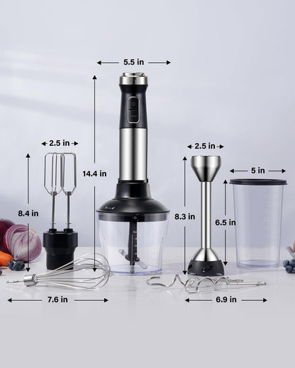 6-in-1 Immersion Blender, 1000W Hand Blender with 20 Speeds, Scratch-Resistant Stick Mixer with Whisk, Chopper, Beaker, Egg Beaters & Dough Hooks – Heavy Duty Hand Mixer, Black