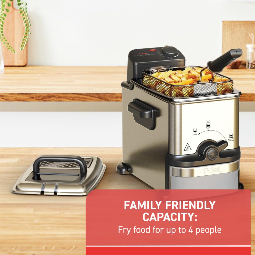 T-fal Compact EZ Clean Stainless Steel Deep Fryer with Basket for Home Use, 1.8 Liter Oil and 1.7 Pound Food Capacity, 1200 Watts, Easy Clean Temp Control, Oil Filtration, 1.8 L