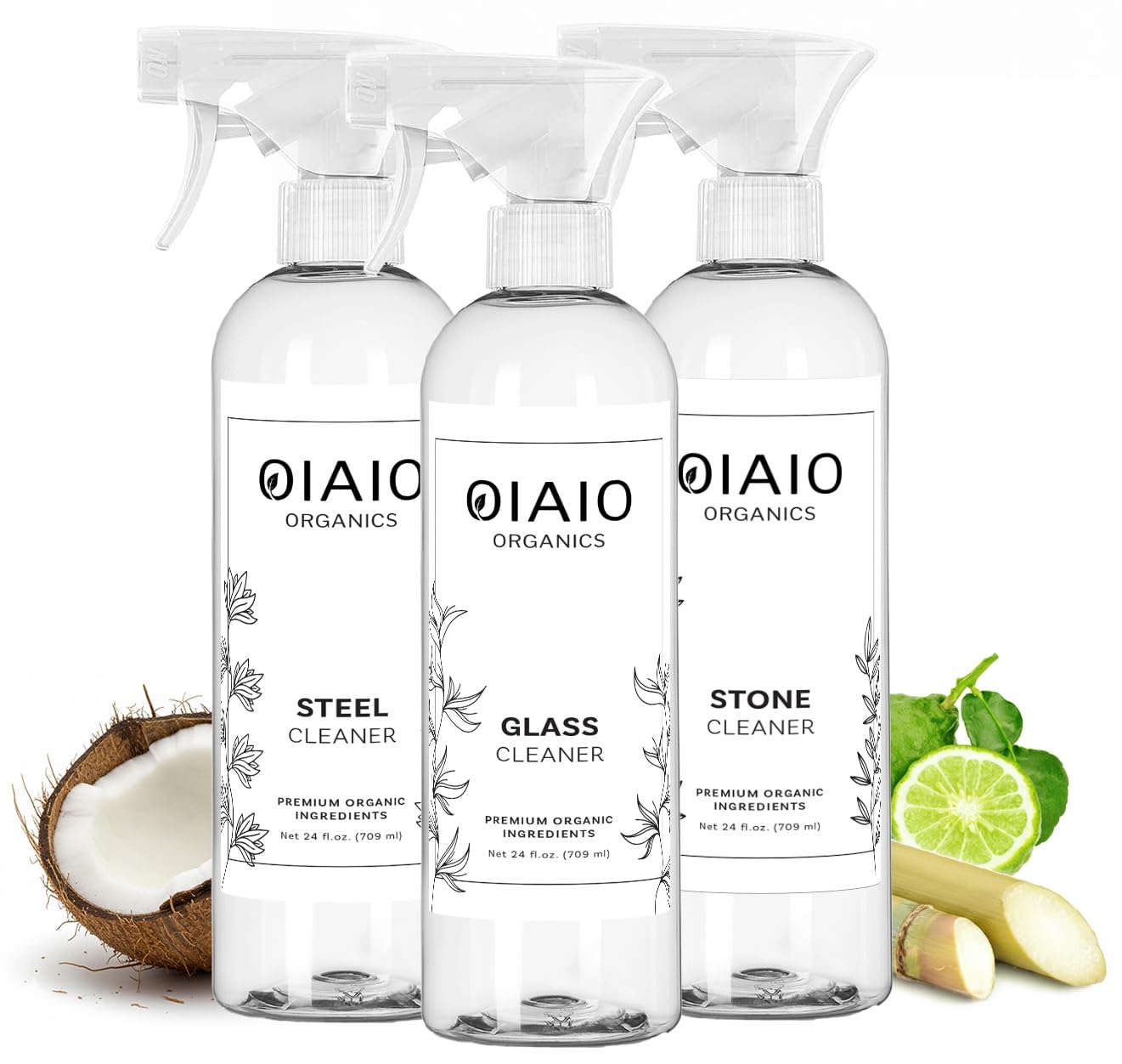 OIAIO Non-Toxic Kitchen Cleaner 3 Pack (Stone, Steel, Glass) - Natural Organic Ingredients that Truly Perform - Light Coconut, Tea Tree & Wood Scent