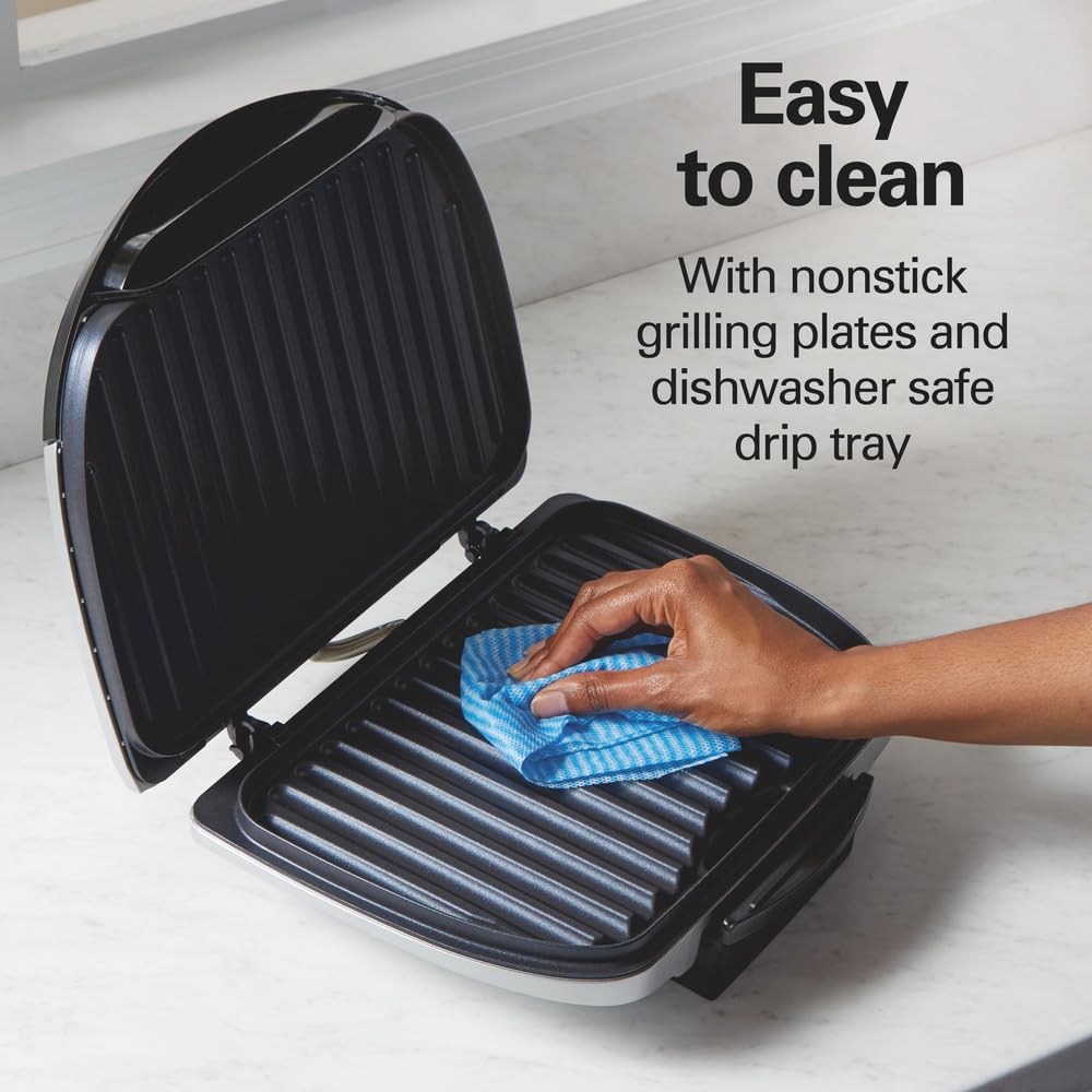 Hamilton Beach Electric Indoor Grill, 6-Serving, Large 90 sq. in. Nonstick Easy Clean Plates, Floating Hinge for Thicker Foods, 1200 Watts, 6.38"D x 12.68"W x 13.78"H , Silver (25371)