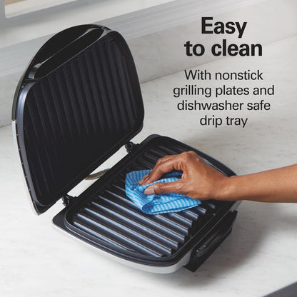 Hamilton Beach Electric Indoor Grill, 6-Serving, Large 90 sq. in. Nonstick Easy Clean Plates, Floating Hinge for Thicker Foods, 1200 Watts, 6.38"D x 12.68"W x 13.78"H , Silver (25371)