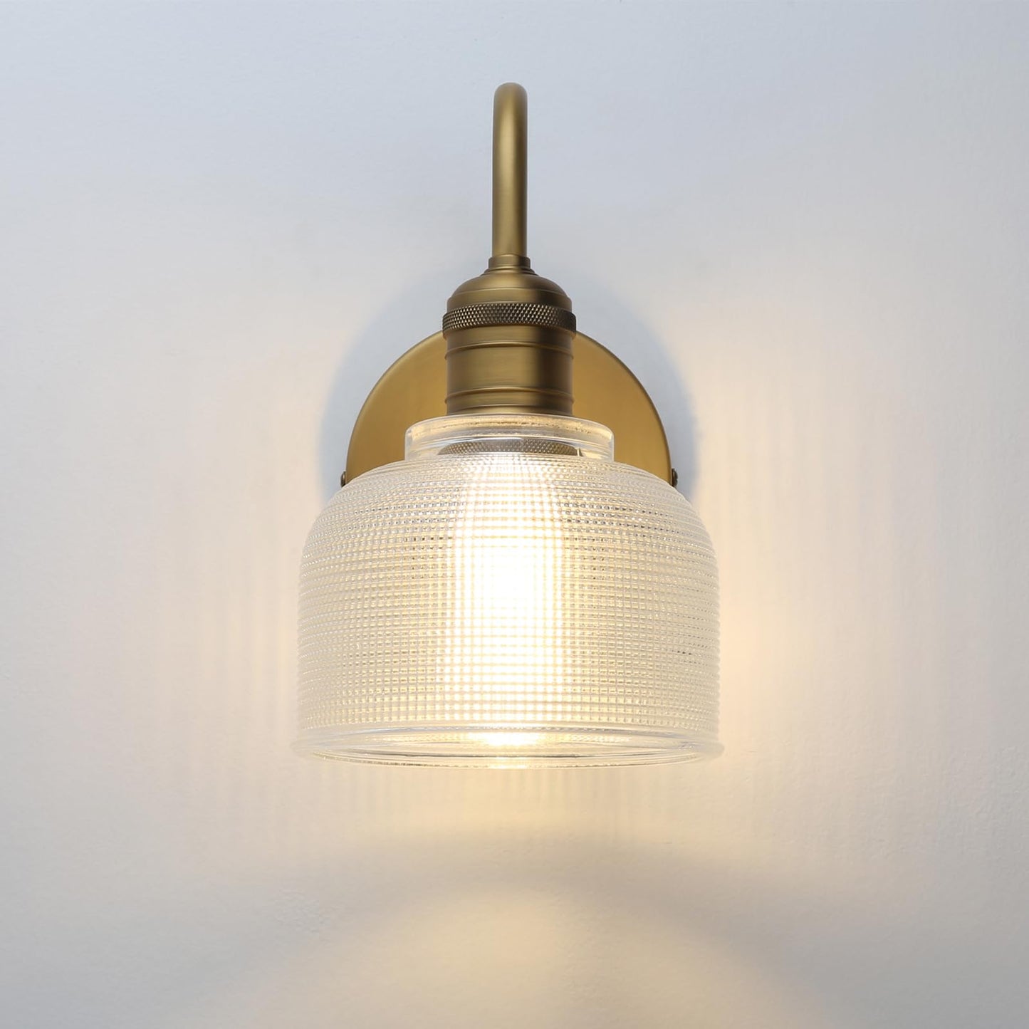 Yosoan Brass Gold Vintage Wall Sconce with Striped Shade, 1-Light Modern Vanity Light Industrial Single Wall Mounted Hardwired Bowl Texture Glass Shade for Living Room Bedroom Kitchen Hallway(Antique)