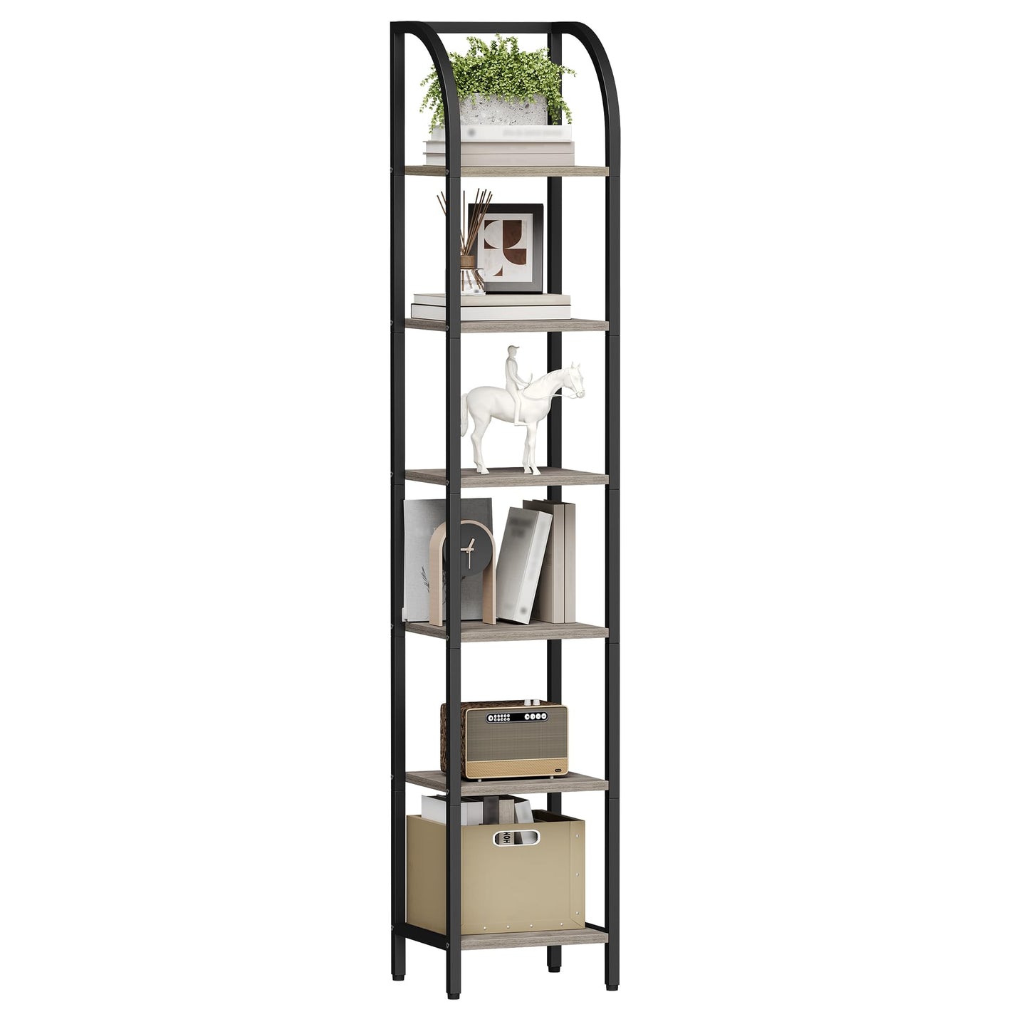 Hzuaneri Bookshelf Bookcase Narrow Bookcase Shelf Organizer with Steel Frame for Study Living Room Bedroom Kitchen Home Office Industrial Bookshelf 6-Tier Greige BC56005B