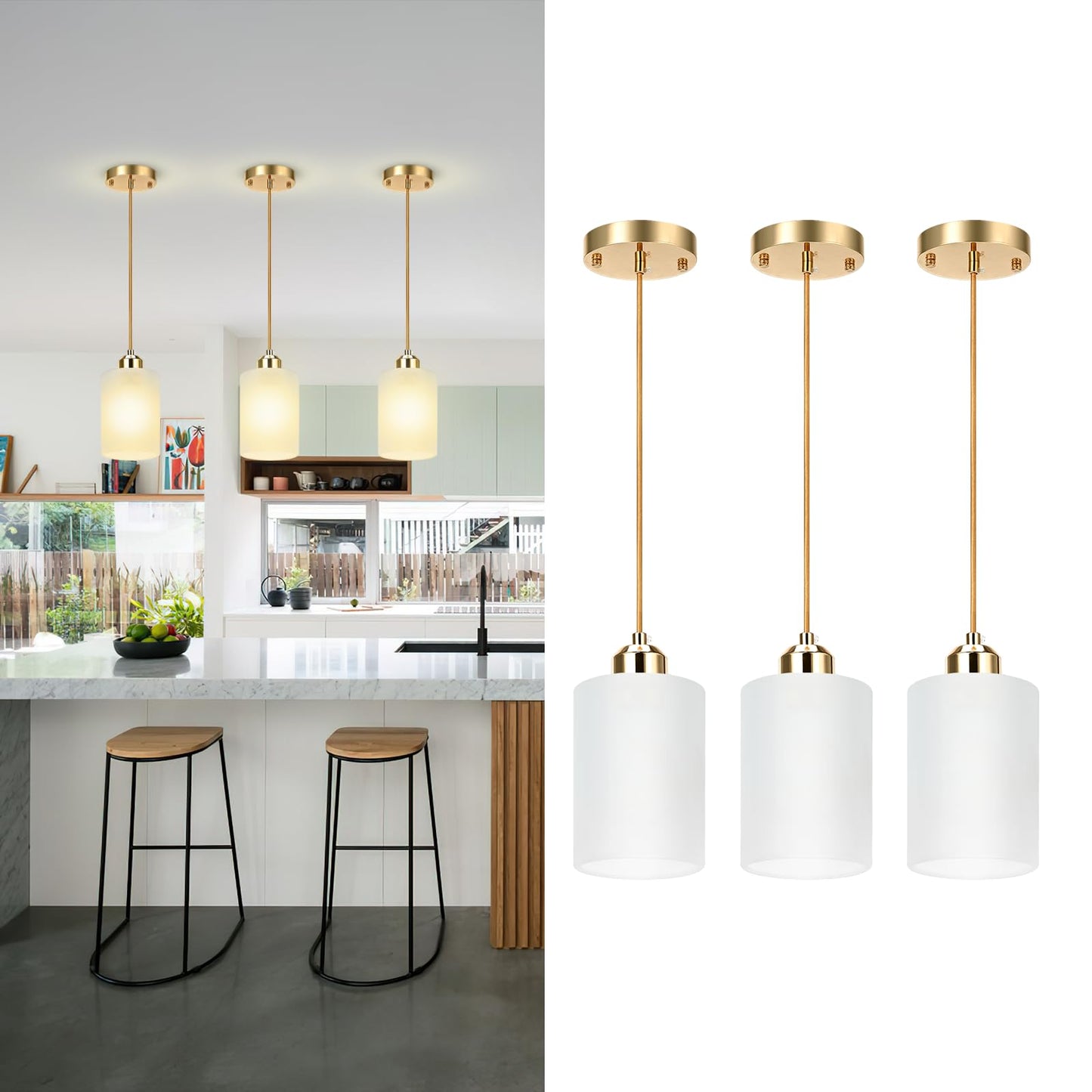 KRETAELY 3 Pack Pendant Lights Kitchen Island, Gold Pendant Light Over Island, Modern Glass Island Lights for Kitchen,Adjustable Length, Perfect for Dining Room and Home Decor