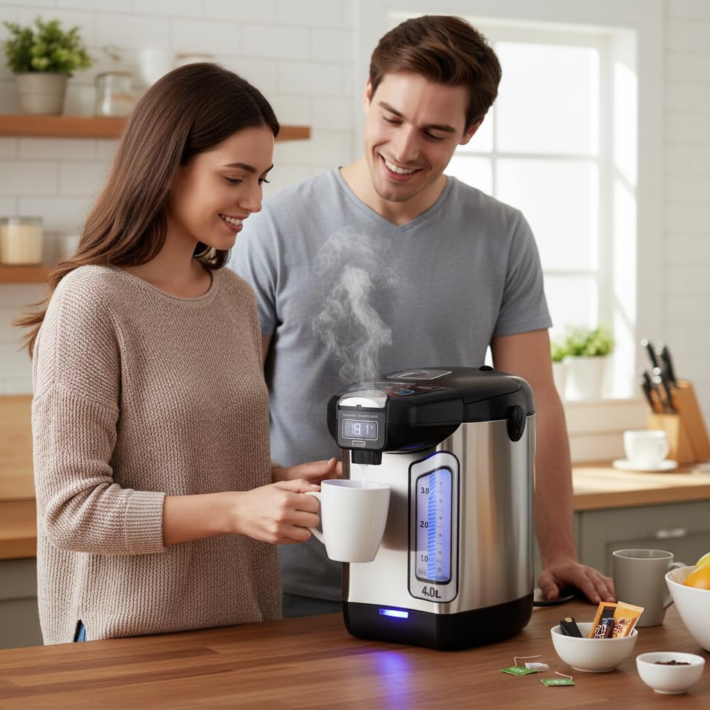 NutriChef Digital Water Boiler and Warmer - 4L/4.23 Qt Stainless Electric Hot Water Dispenser w/ LCD Display, Rotating Base, Keep Warm, Auto Shut Off, Safety Lock, Instant Heating for Coffee & Tea